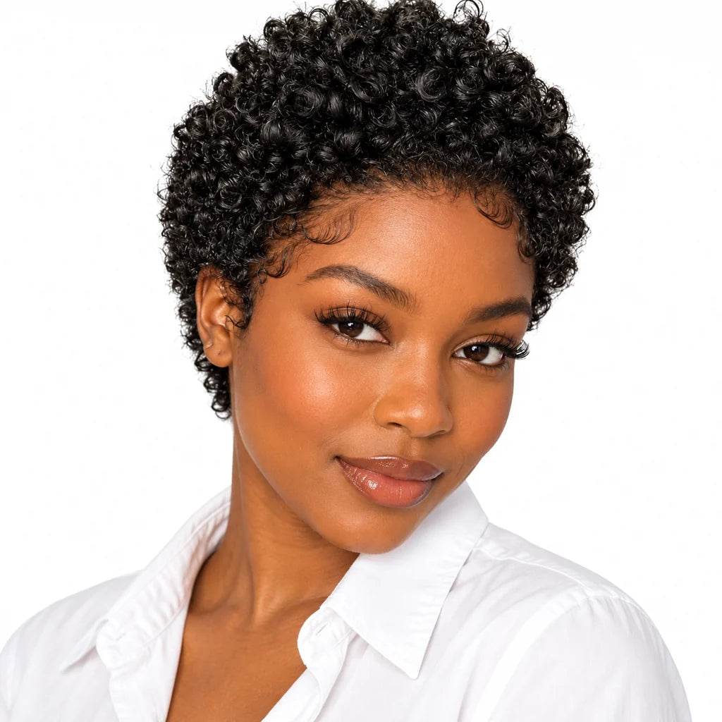 Mavelle natural model wearing Glueless Afro Curly Pixie Human Hair Wig with Bangs