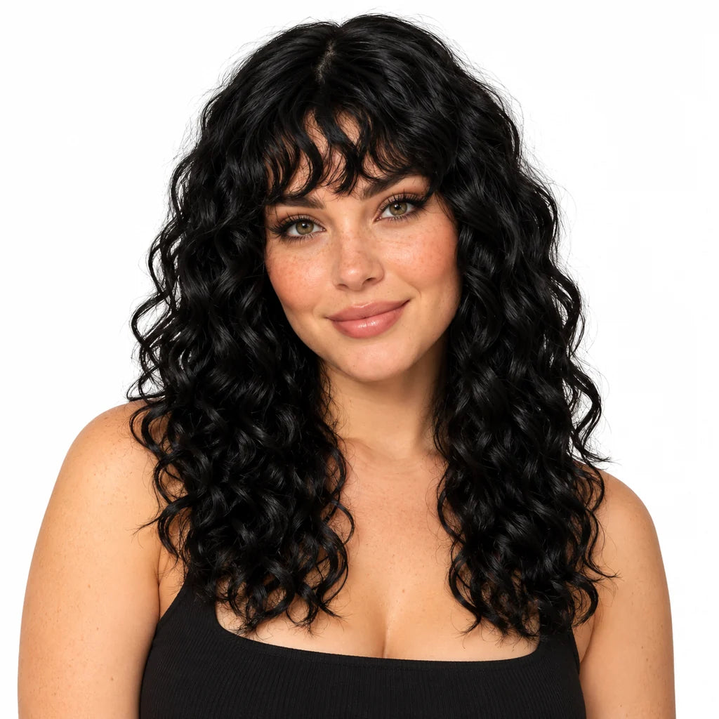 Mavelle natural model wearing Glueless Water Wave Human Hair Wig with Bangs, 16 Inch