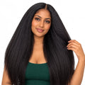 Mavelle natural model wearing 4x4 Closure Kinky Straight Yaki 100% Human Hair Wig