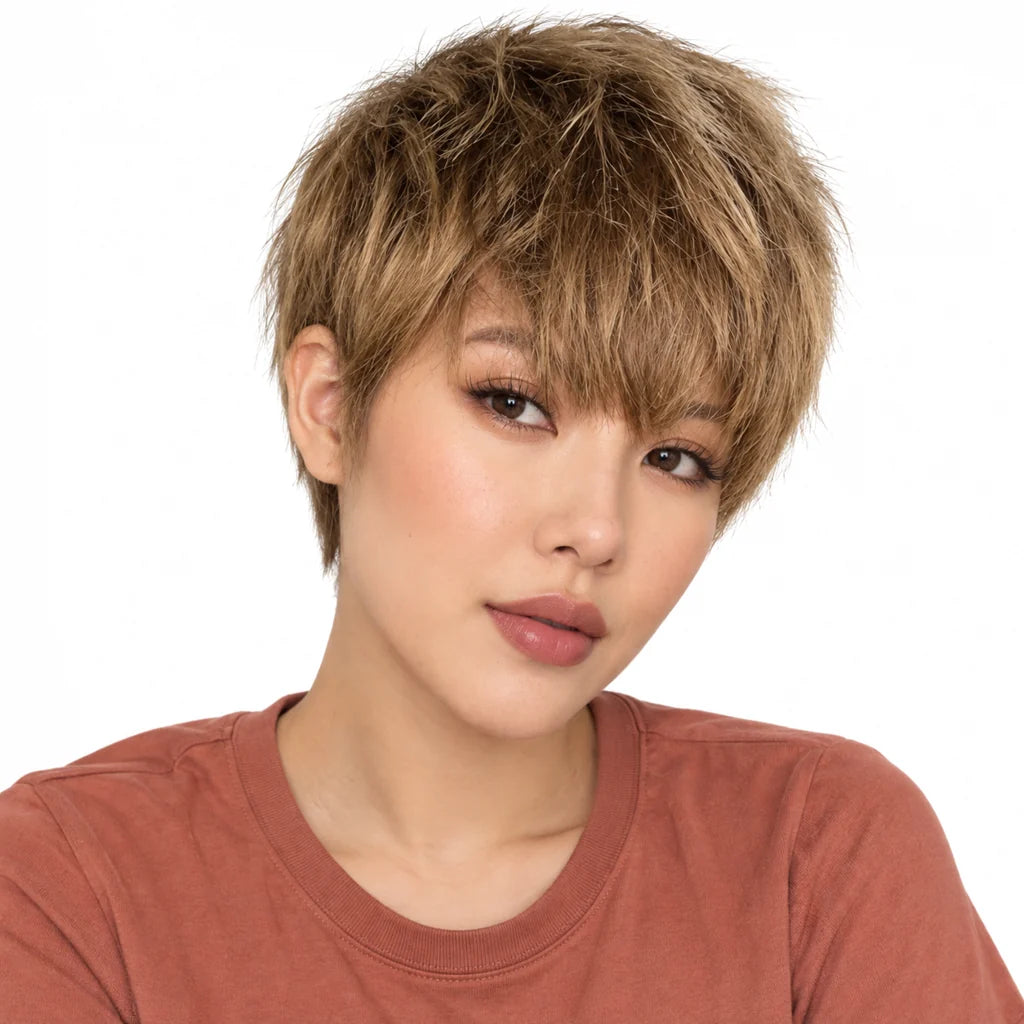 Mavelle natural model wearing 6 Inch Brown Short Bob Synthetic Wig