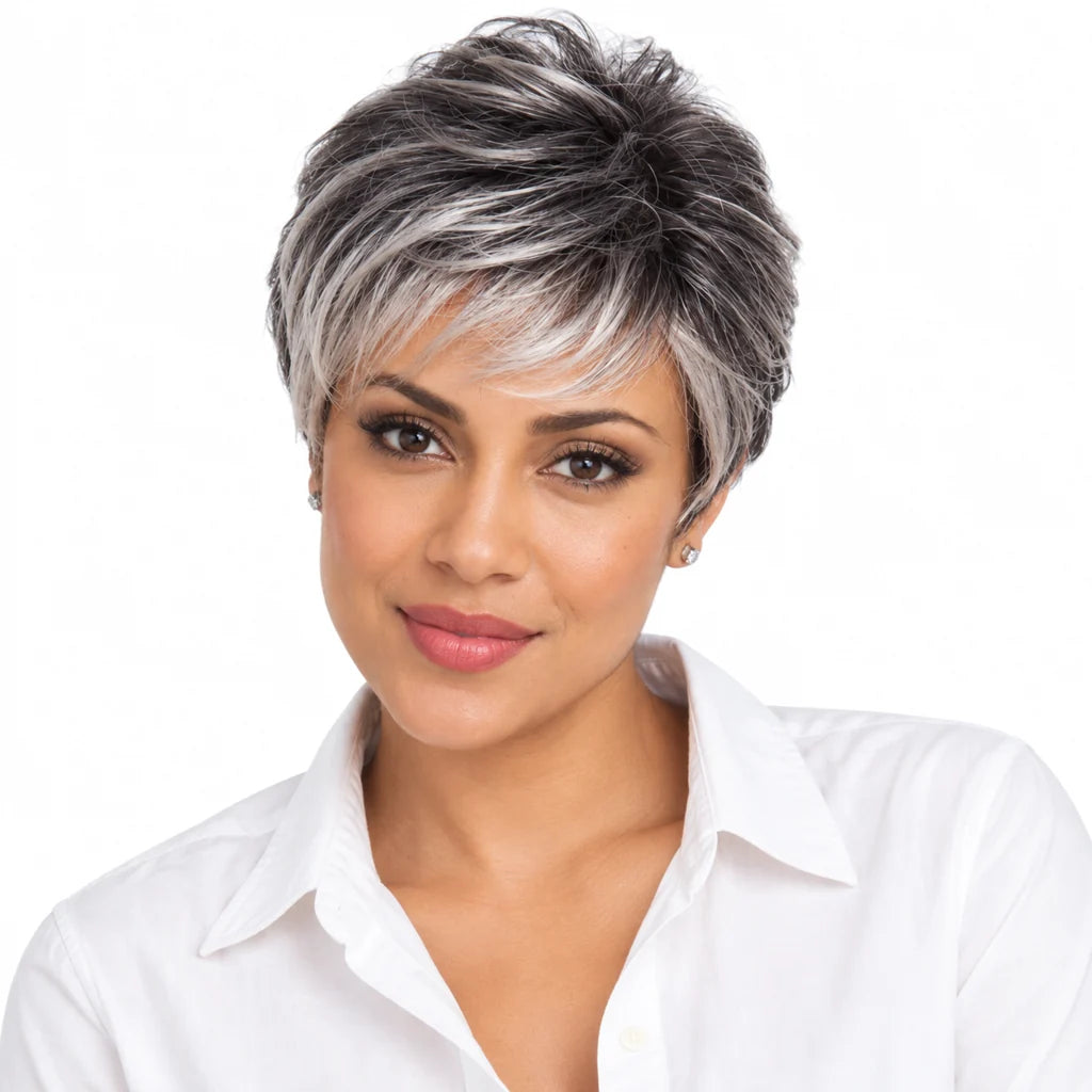 Mavelle natural model wearing 6 Inch Black & White Synthetic Pixie Wig