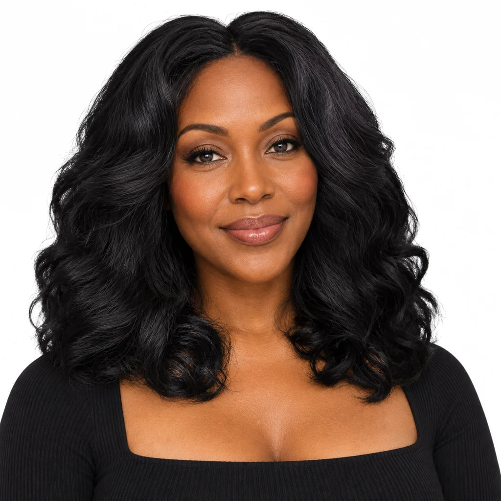 Mavelle natural model wearing 12 Inch Long Wavy Black Synthetic Wig with Center Part