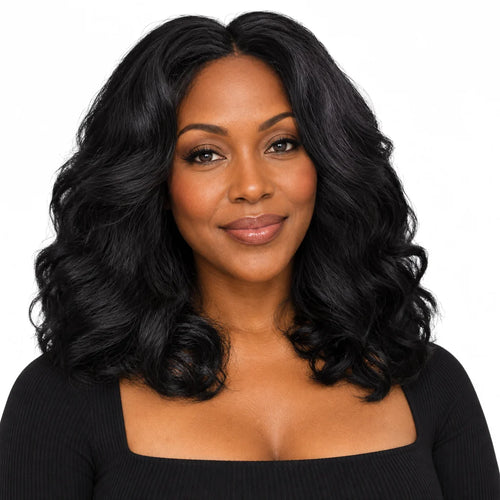 Mavelle natural model wearing 12 Inch Long Wavy Black Synthetic Wig with Center Part