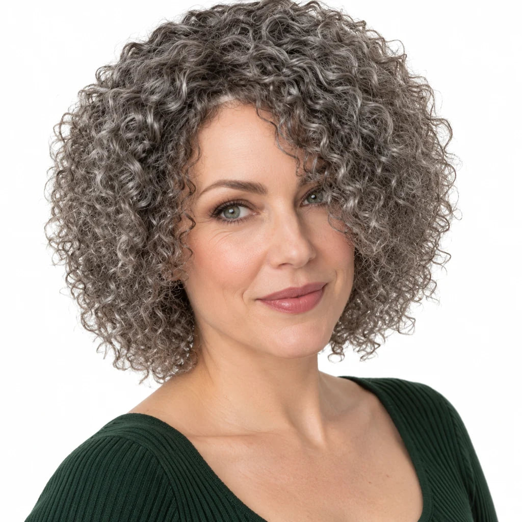 Mavelle natural model wearing 8-inch Salt & Pepper Curly Wig - Rose Net