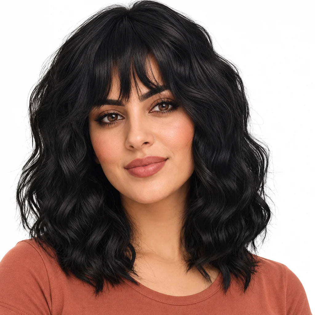 Mavelle natural model wearing 12 Inch Short Wavy Synthetic Wig with Center Part