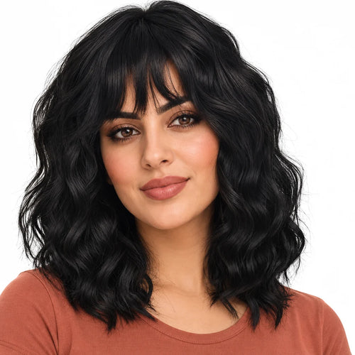 Mavelle natural model wearing 12 Inch Short Wavy Synthetic Wig with Center Part