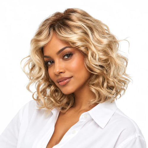 Mavelle natural model wearing 14 Inch Golden Blonde Wavy Synthetic Wig with Center Part