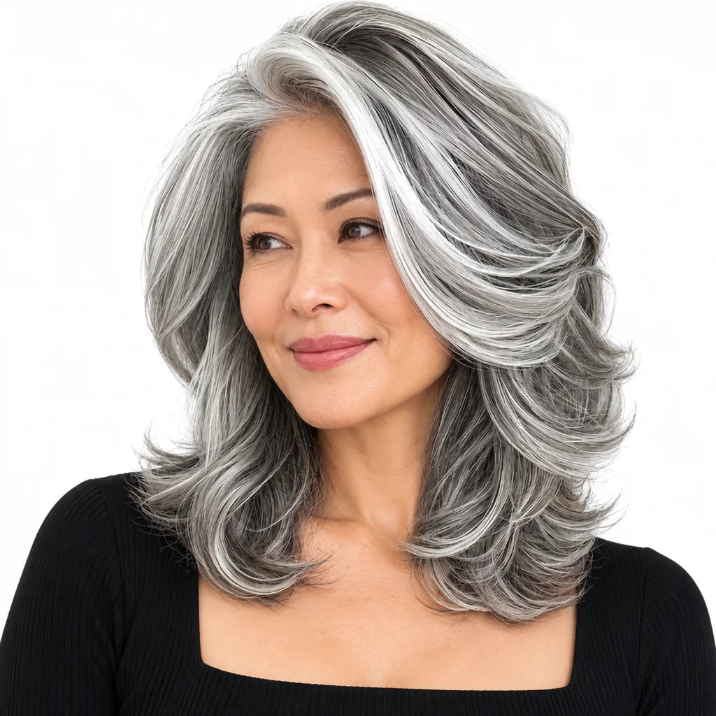 Silver Gray Layered Synthetic Wig with Side Part