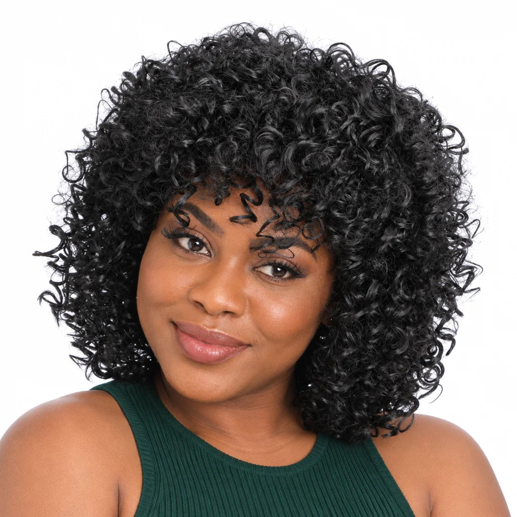 Mavelle natural model wearing 15in Synthetic Voluminous Curly Wig - Mid-Long Puff Curls