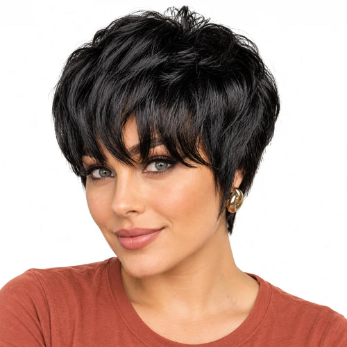Mavelle natural model wearing 10 Inch Black & Gray Short Curly Synthetic Wig