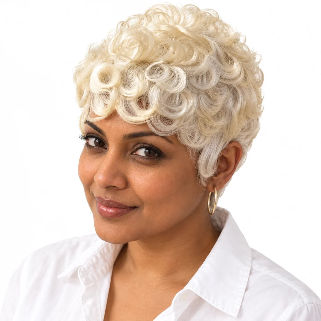 Mavelle natural model wearing 6" Human Hair Pixie Cut Wig - Curly Elf Short Bob
