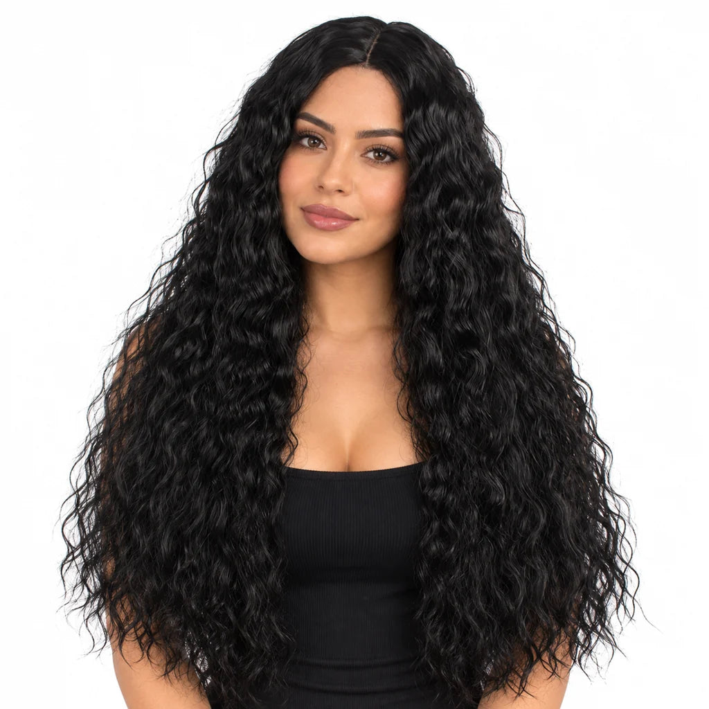 Mavelle natural model wearing 23.6 Inch Long Curly Synthetic Wig with Center Part
