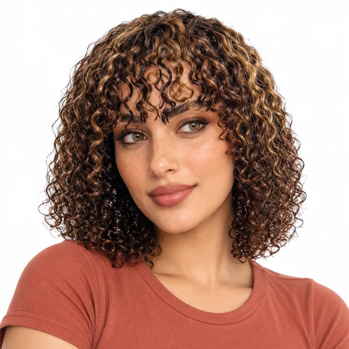 Mavelle natural model wearing 12 Inch Curly Bob Human Hair Wig with Bangs - Black / Light Brown