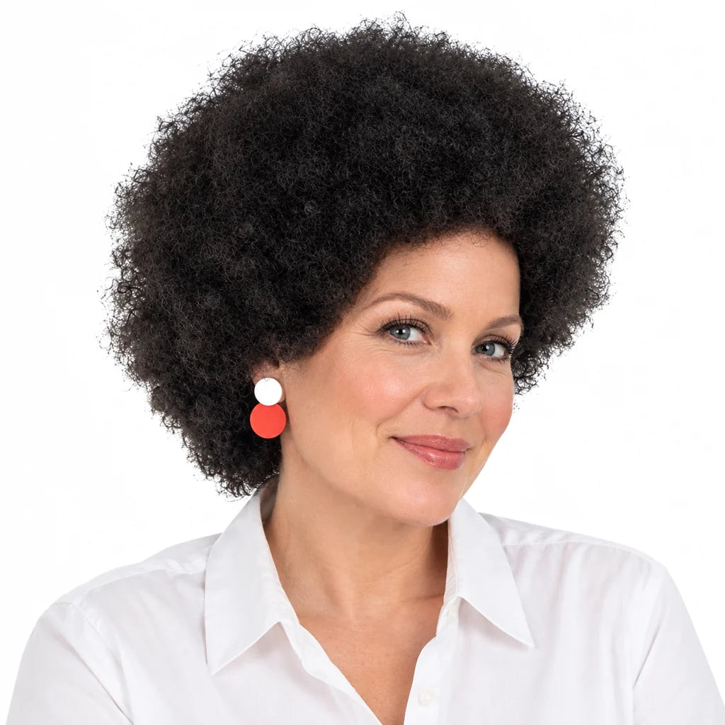 Mavelle natural model wearing 8 Inch Synthetic Afro Puff Wig
