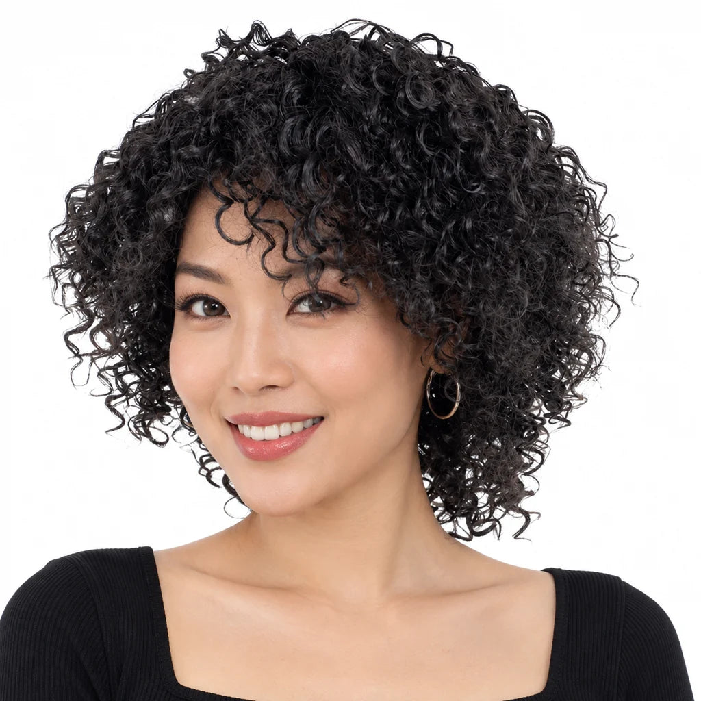 Mavelle natural model wearing 9 Inch Short Curly Afro Synthetic Wig