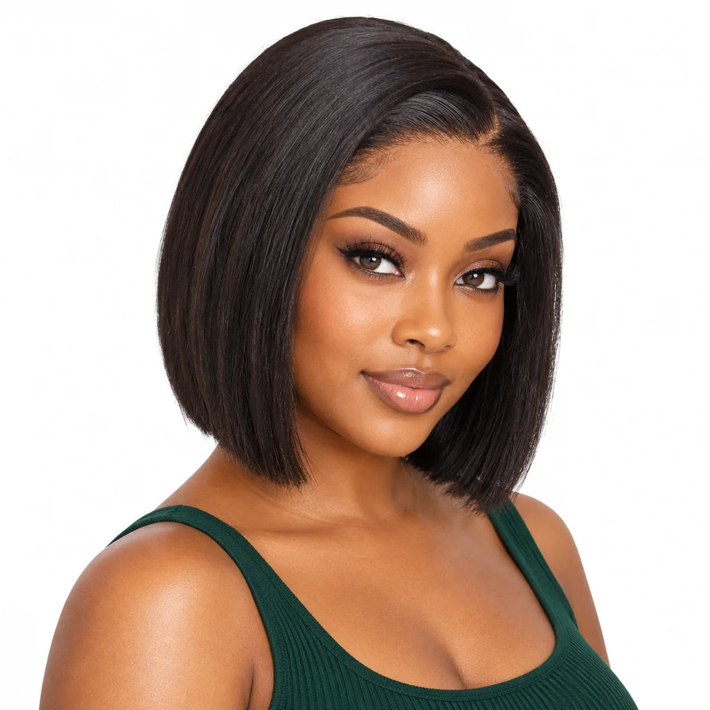 Mavelle natural model wearing 4x4 Lace Closure Straight Bob Human Hair Wig Natural Black