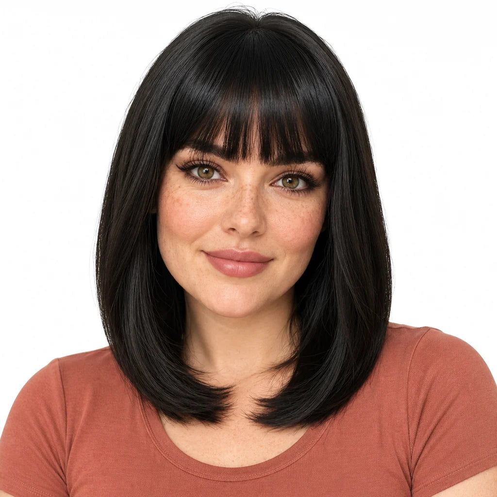 Mavelle natural model wearing Blunt Bangs Straight Bob Human Hair Wig - Black