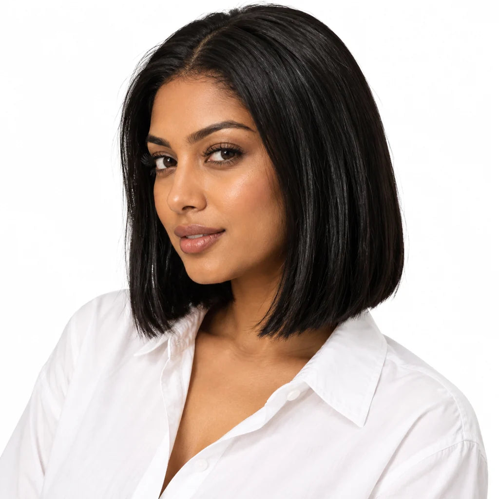 Mavelle natural model wearing Straight Black Human Hair Bob Lace Front Wig, 8-14 Inch