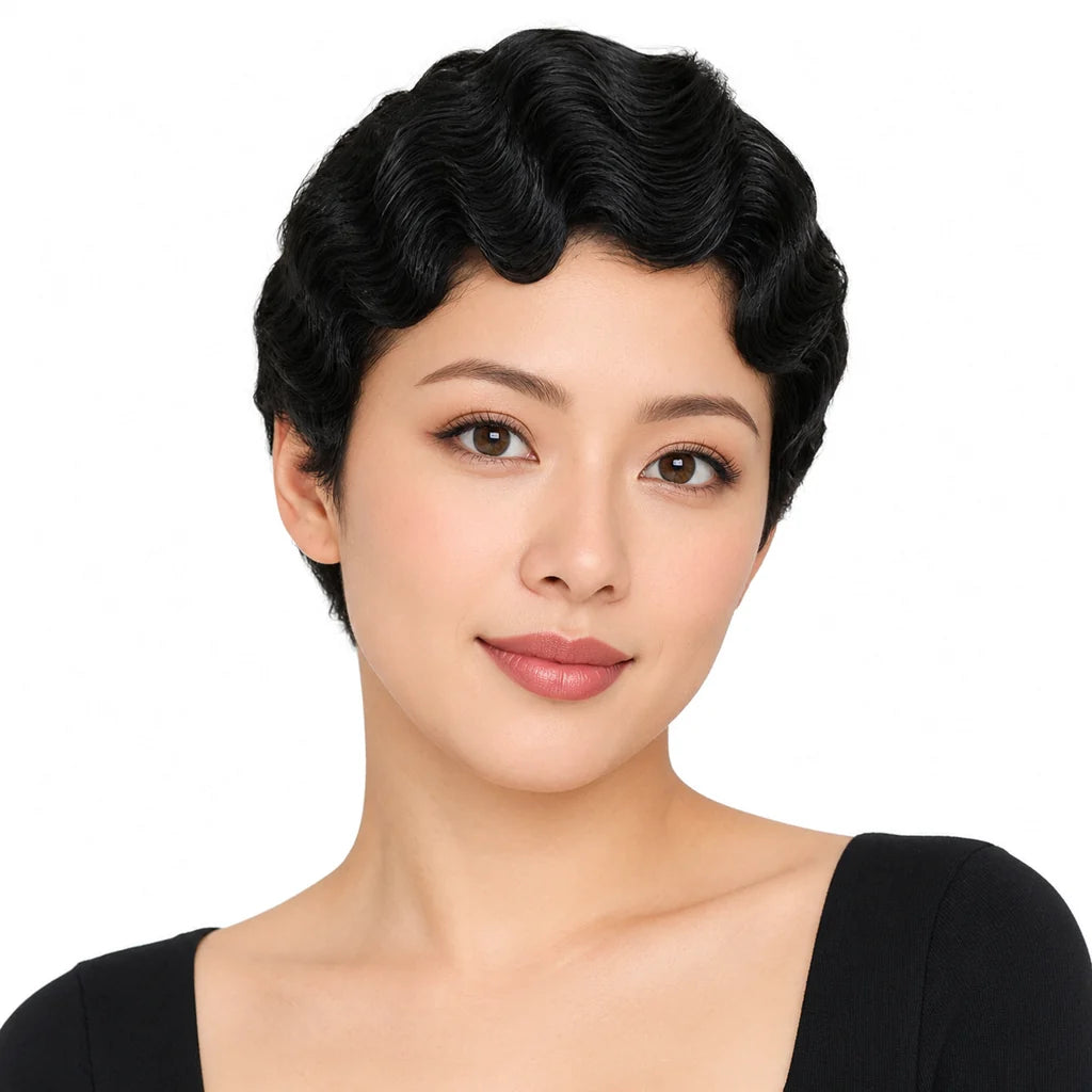 Mavelle natural model wearing Vintage Finger Wave Human Hair Wig Short Pixie Cut Black