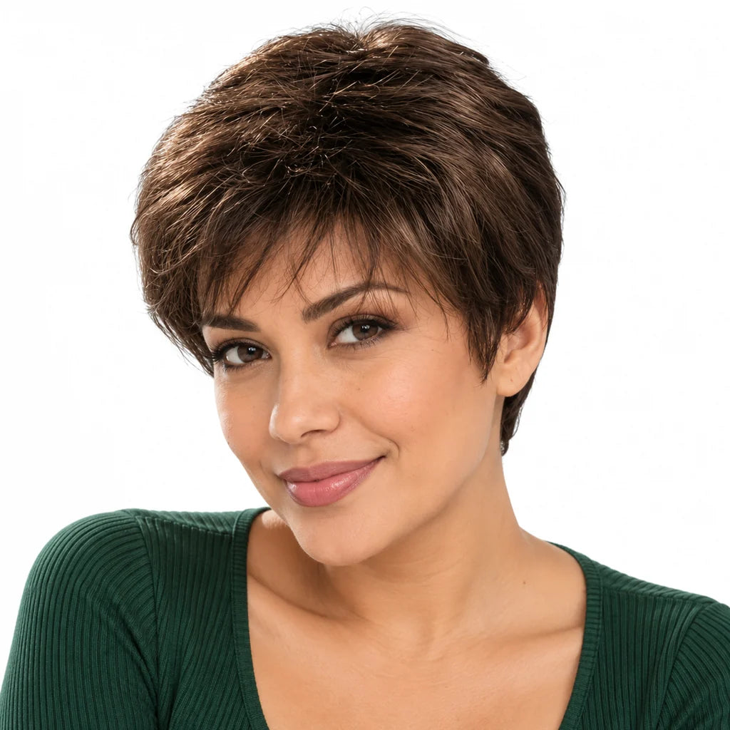 Mavelle natural model wearing Short Straight Human Hair Wig - Remy Brazilian