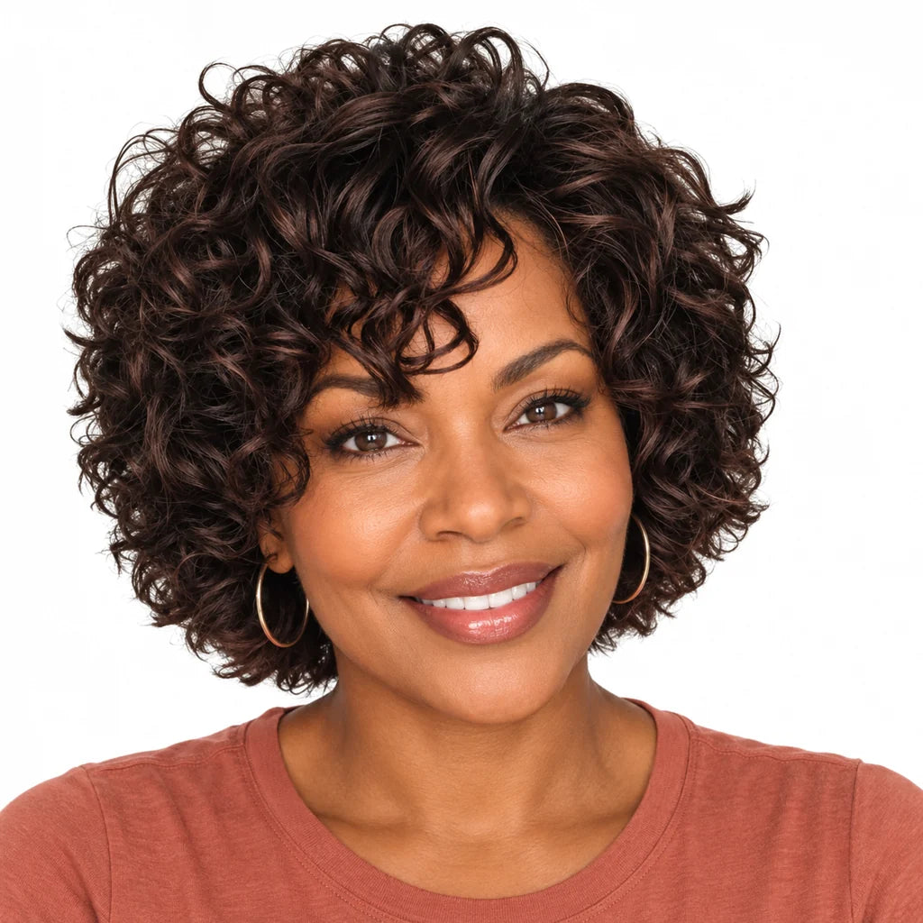 Mavelle natural model wearing Short Curly Wave Glueless Human Hair Wig - 6 Inch