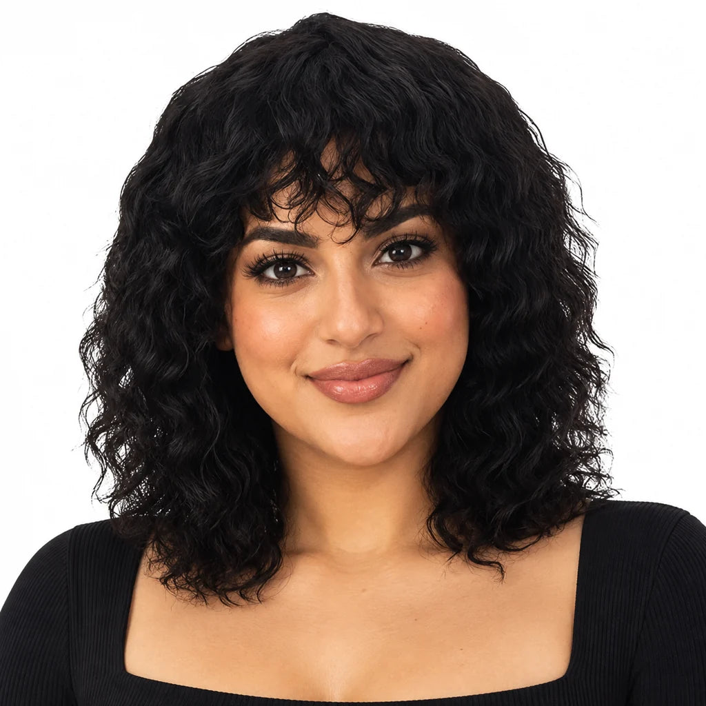 Mavelle natural model wearing Glamorous 14" Human Hair Curly Wave Wig with Bangs