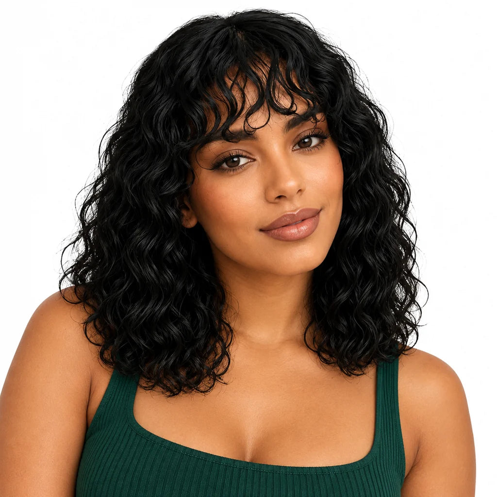 Mavelle natural model wearing Glueless Water Wave Human Hair Wig with Bangs