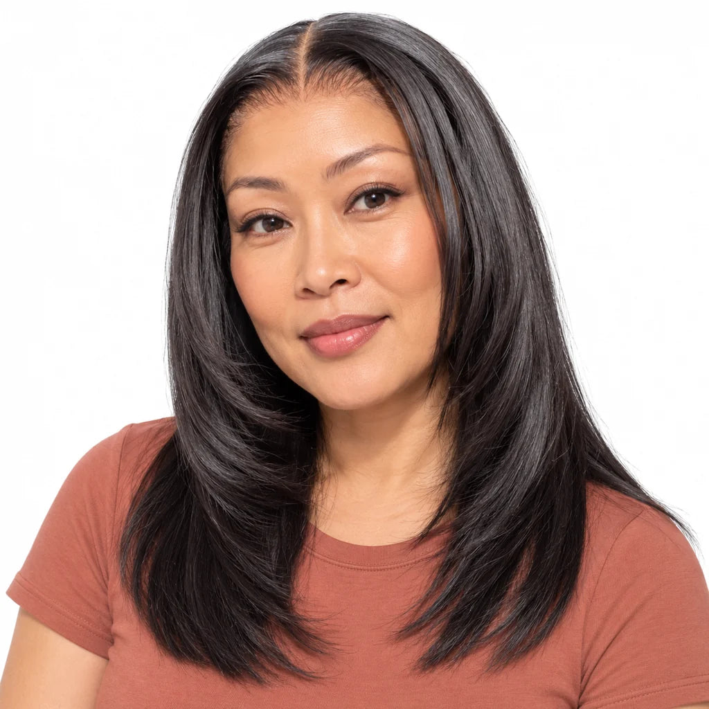 Mavelle natural model wearing Silky Straight 4x4 Lace Bob Human Hair Wig Pre-Plucked