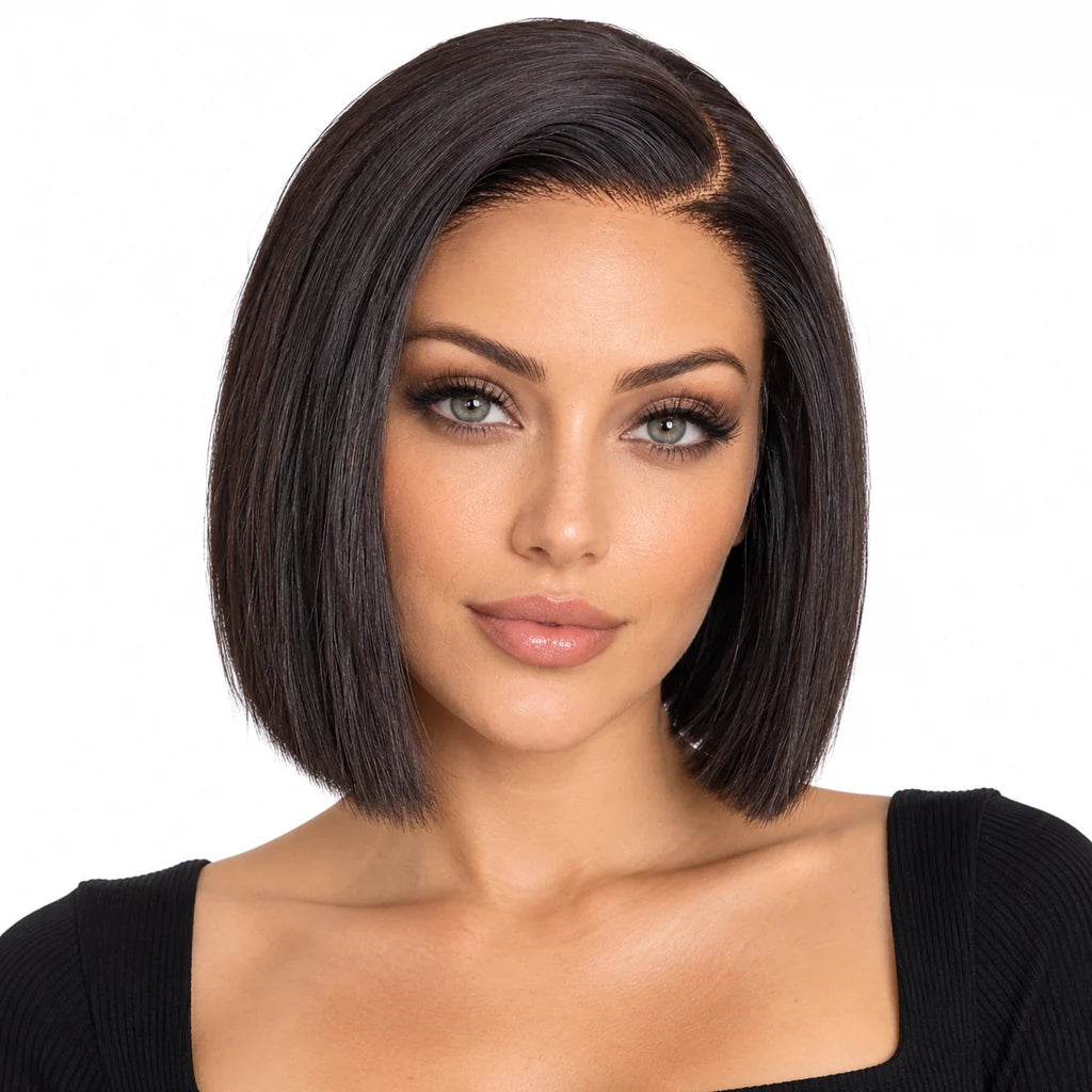 Mavelle natural model wearing 8" Bone Straight Bob Human Hair Wig