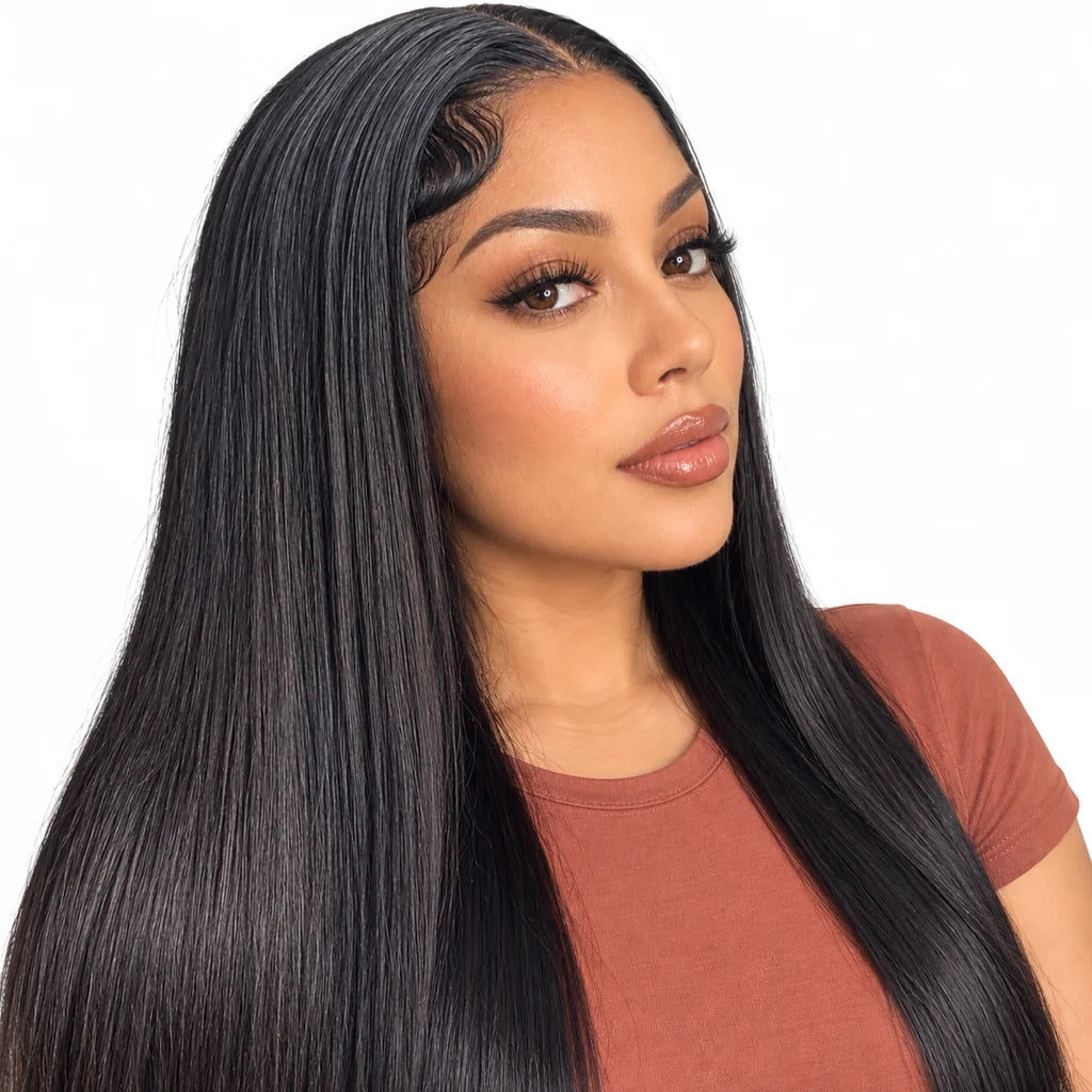 Mavelle natural model wearing Straight 4x4 HD Lace Closure Wig - Glueless