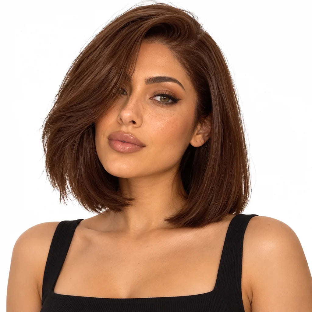 Mavelle natural model wearing Chocolate Brown Straight Human Hair Bob Lace Front Wig