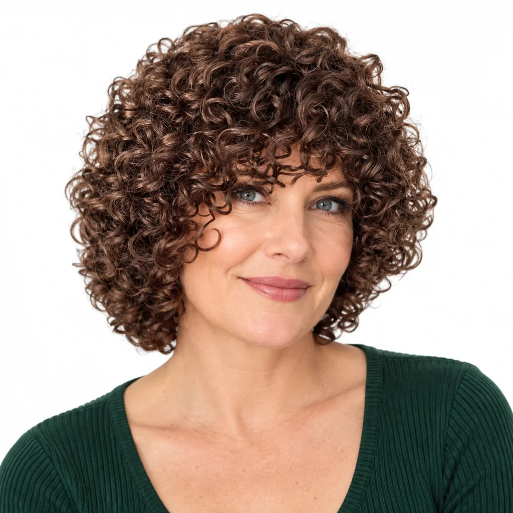 Mavelle natural model wearing Short Curly Human Hair Wig with Bangs