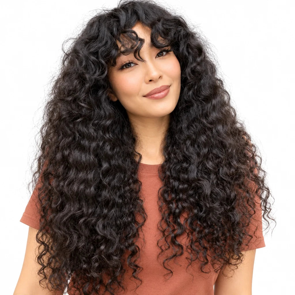 Mavelle natural model wearing Brazilian Kinky Curly Human Hair Wig with Bangs