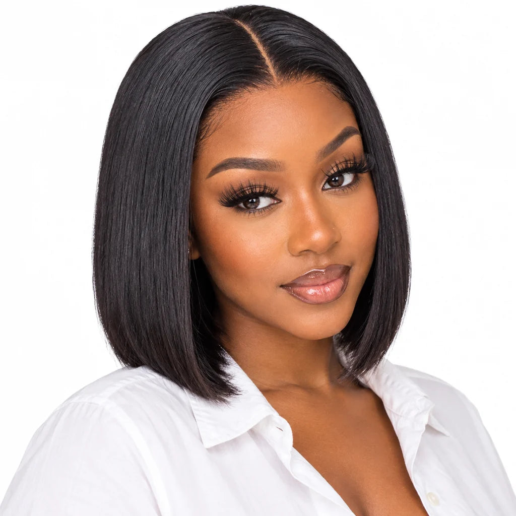 Mavelle natural model wearing 8" Straight Bob Lace Frontal Human Hair Wig