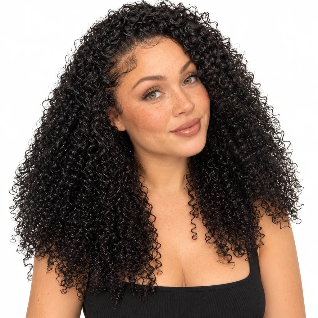 Mavelle natural model wearing Glueless Human Hair 3-in-1 Jerry Curl Half Wig 200% Density