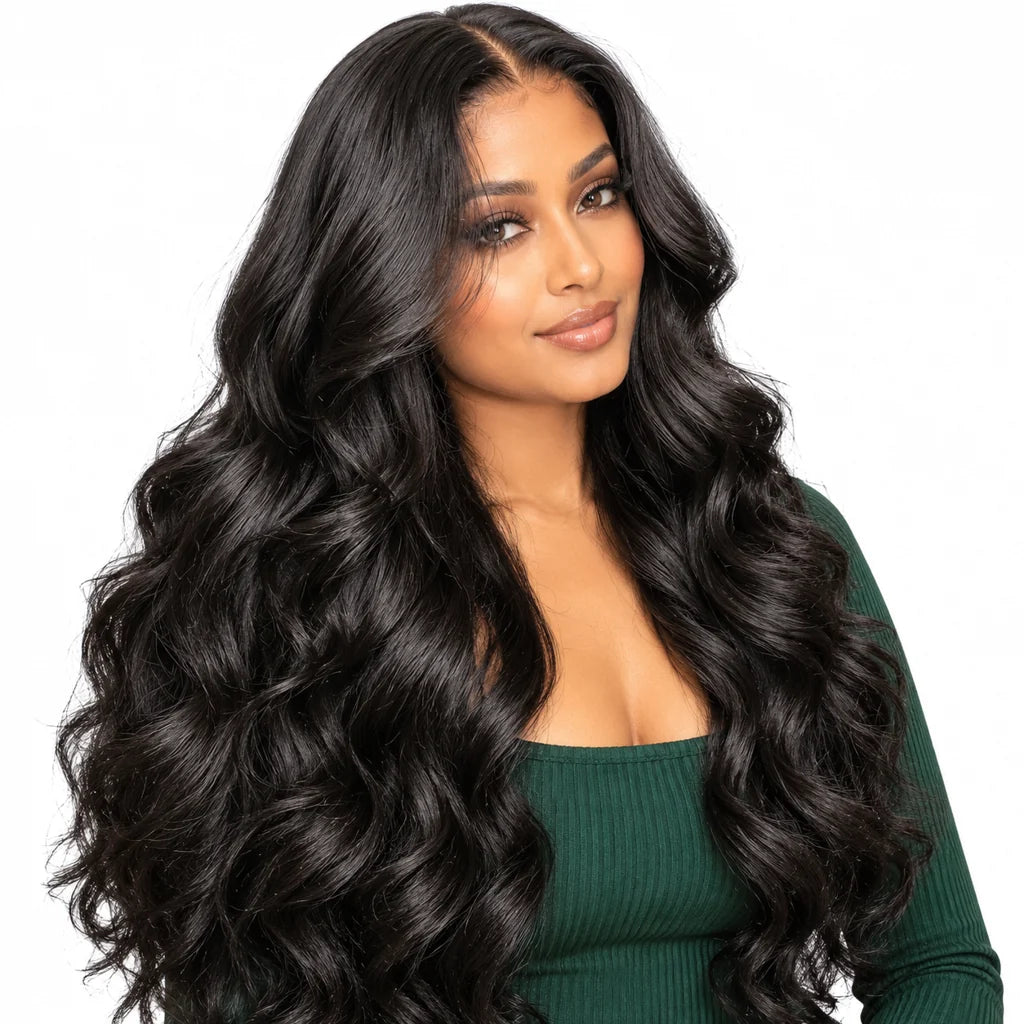Mavelle natural model wearing Glueless 13x4 HD Lace Front Human Hair Wig Body Wave Natural Black