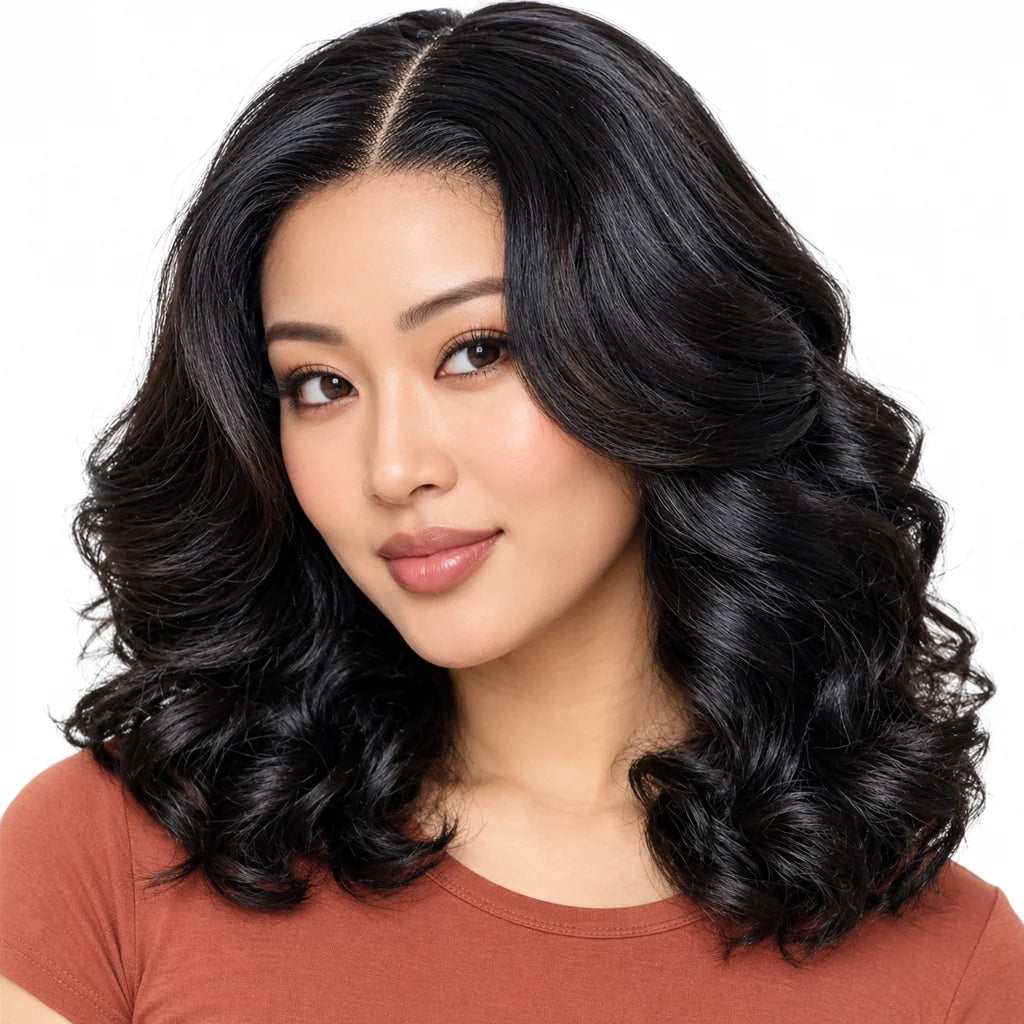 Mavelle natural model wearing Glueless 5x5 Lace Deep Wave Bob Wig 150% Density