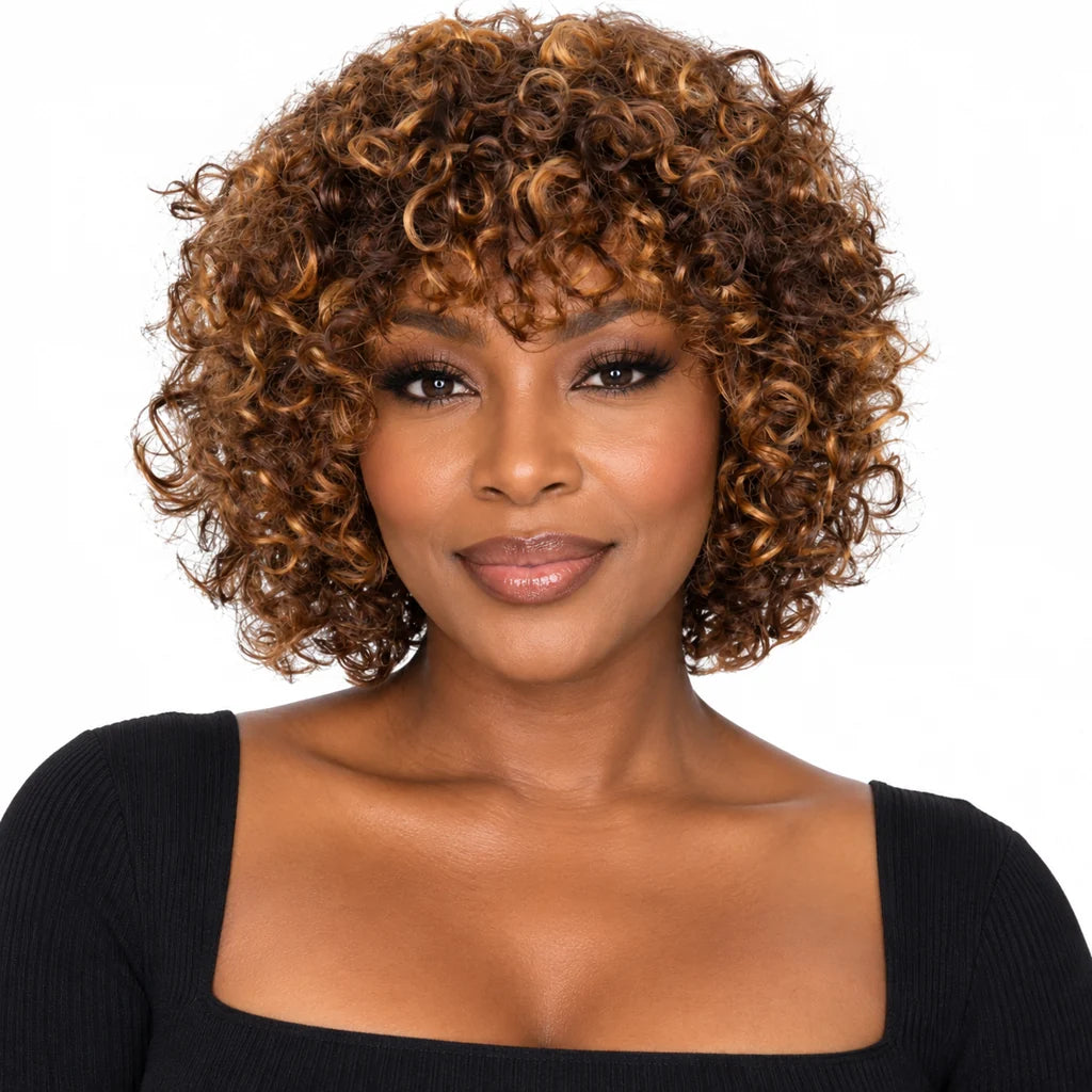 Mavelle natural model wearing Highlighted Jerry Curly Bob Human Hair Wig - Glueless