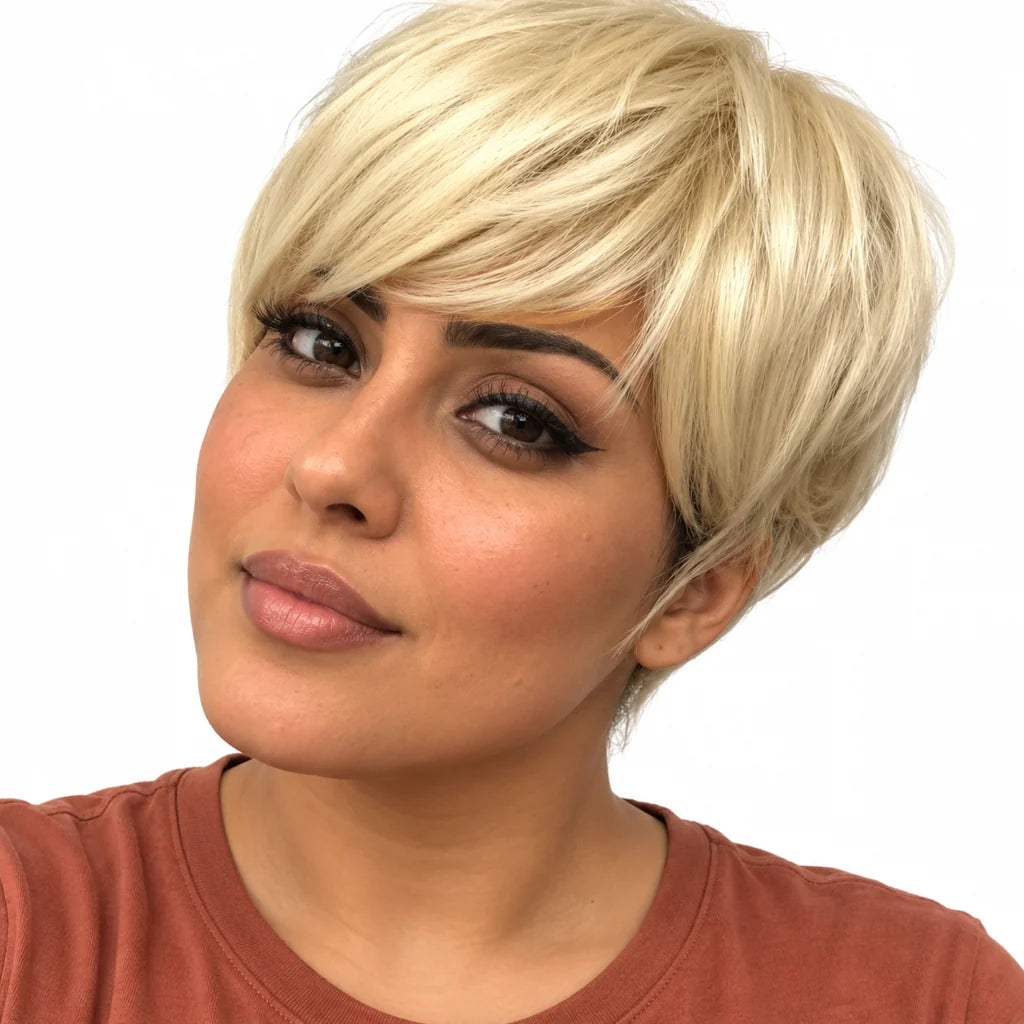 Mavelle natural model wearing Short Pixie Human Hair Wig - Platinum Blonde