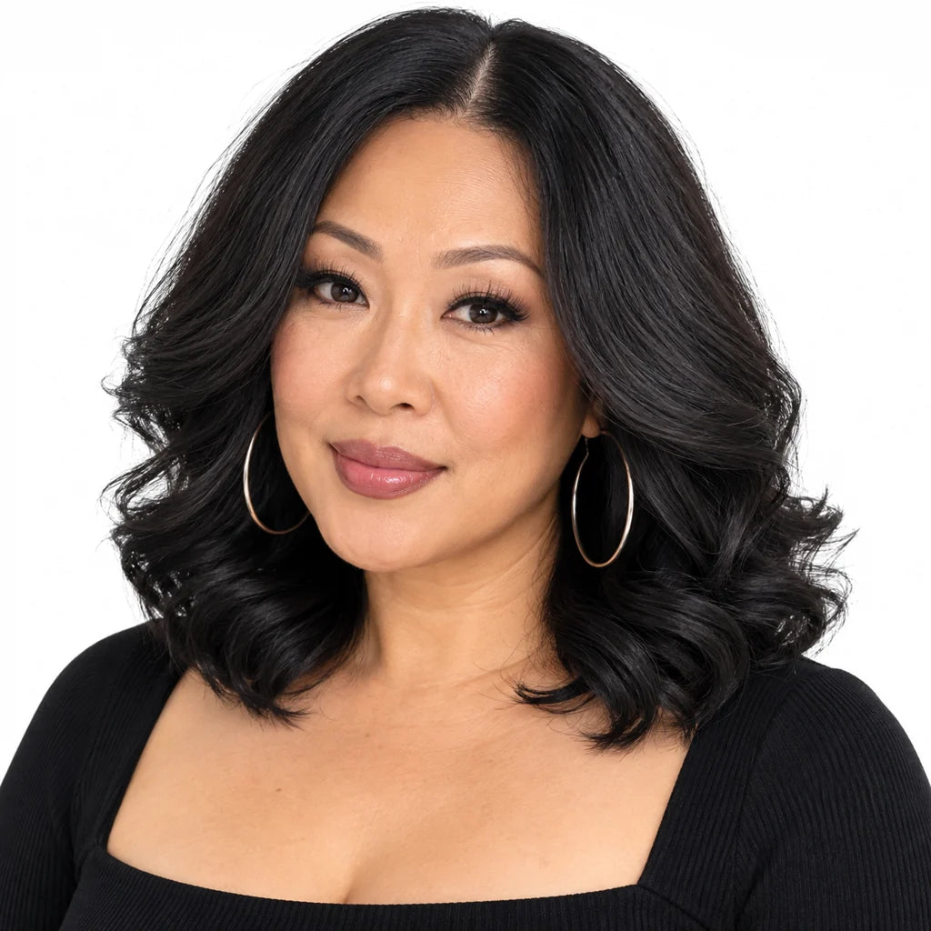 Mavelle natural model wearing Glueless Body Wave Bob Wig - 4x4 HD Lace Front Human Hair