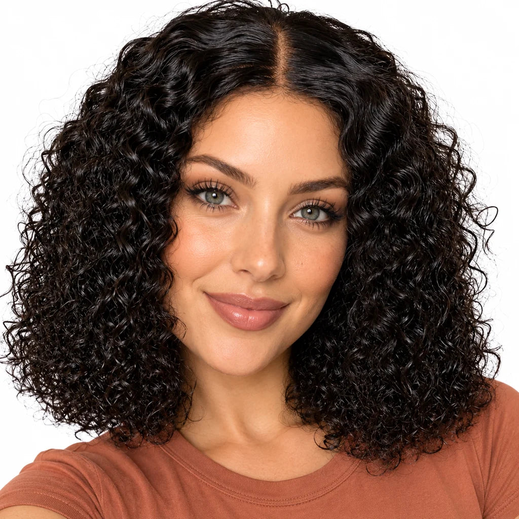 Mavelle natural model wearing Glueless Curly Human Hair Bob Wig, 4x4 HD Lace, 180% Density
