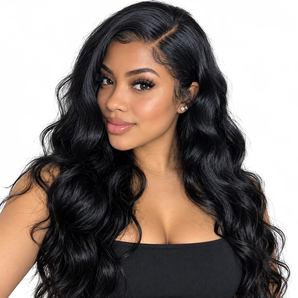 Mavelle natural model wearing Glueless Body Wave Human Hair Wig, 5x5 HD Lace, 200% Density