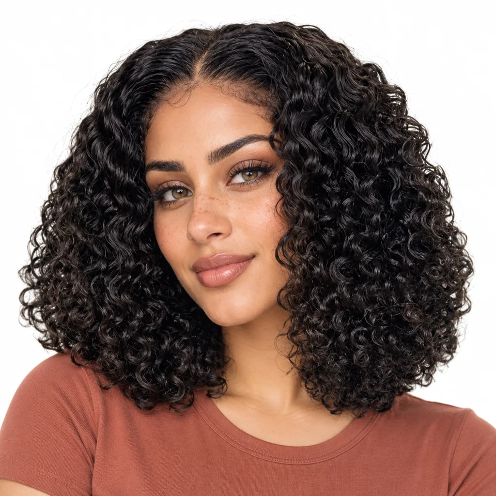 Mavelle natural model wearing Glueless Curly Bob Wig Human Hair Pre-Plucked