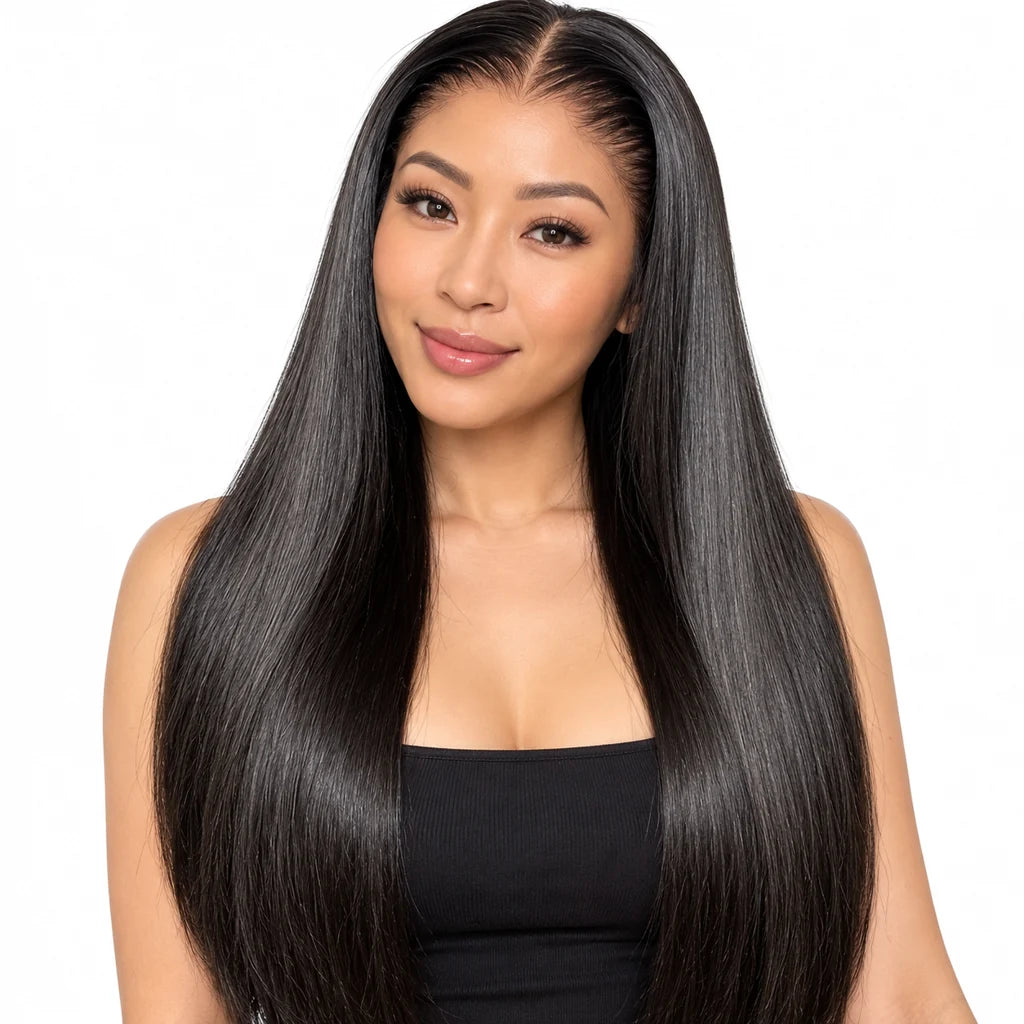 Mavelle natural model wearing Glueless Straight Human Hair Wig, 4x4 HD Lace, 180% Density