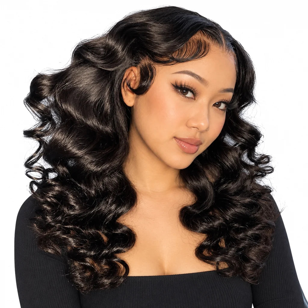 Mavelle natural model wearing 13x4 Loose Wavy Human Hair Lace Front Wig