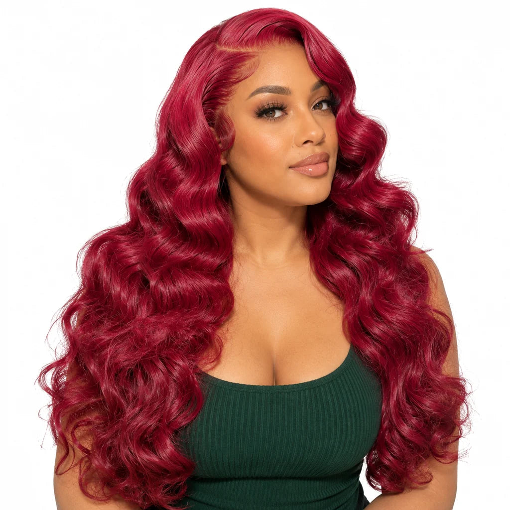 Mavelle natural model wearing Straight Burgundy Glueless Human Hair Wig, 13x4 Lace Front