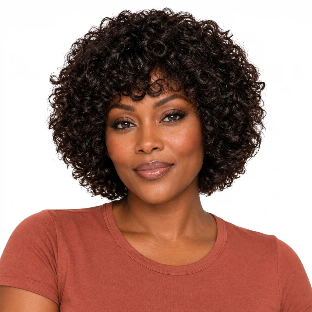 Mavelle natural model wearing Glueless Kinky Curly Human Hair Bob Wig with Bangs