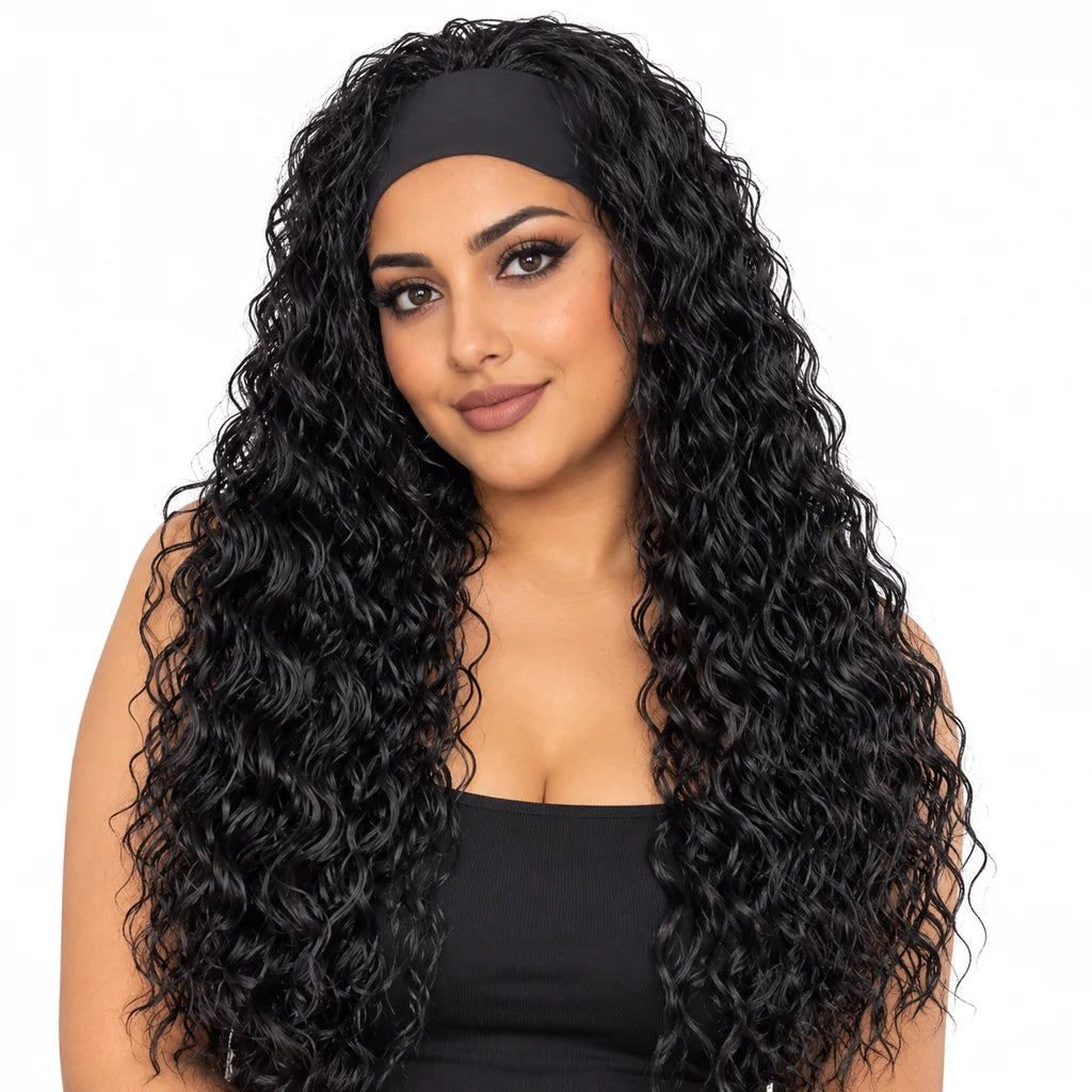 Mavelle natural model wearing Synthetic Kinky Curly Headband Wig Long Length