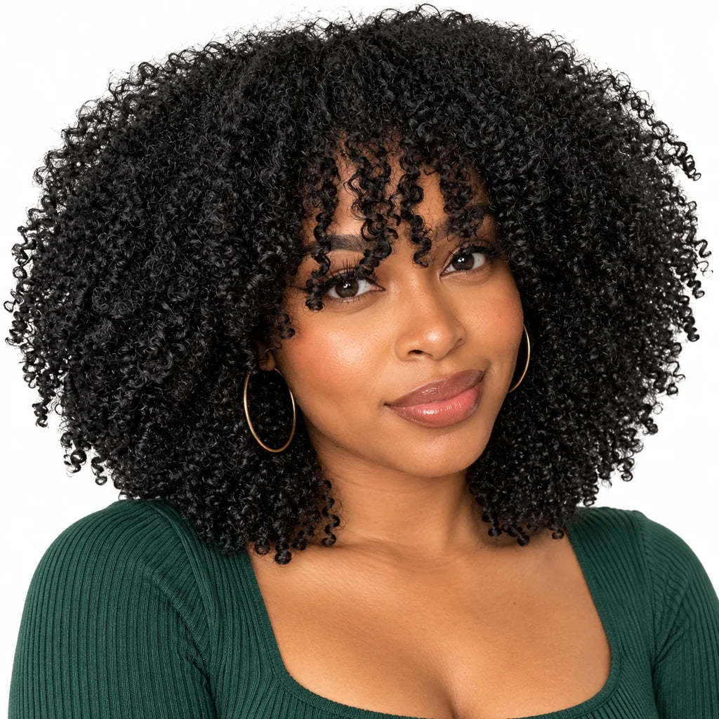 Mavelle natural model wearing 10 Inch Kinky Curly Human Hair Wig with Bangs