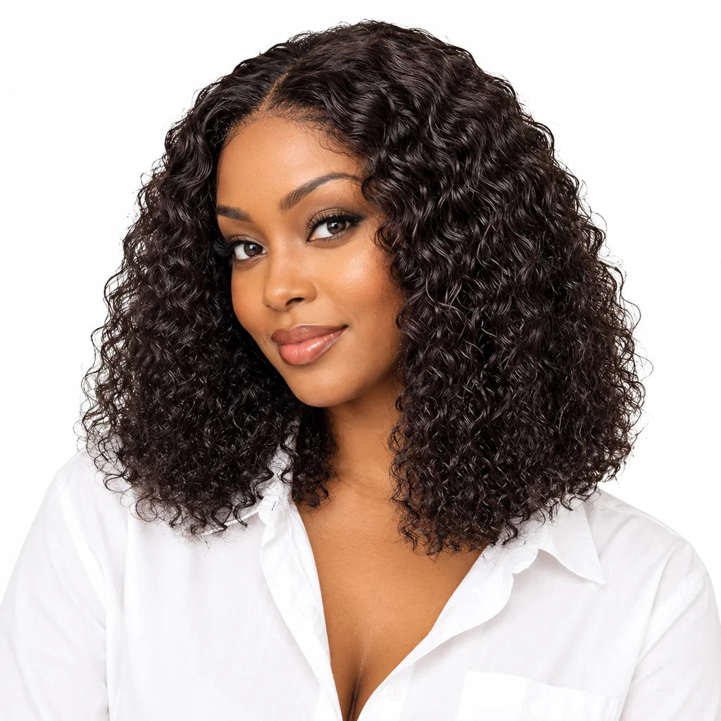Mavelle natural model wearing Glueless Water Wave Bob Wig - 4x4 Lace Closure